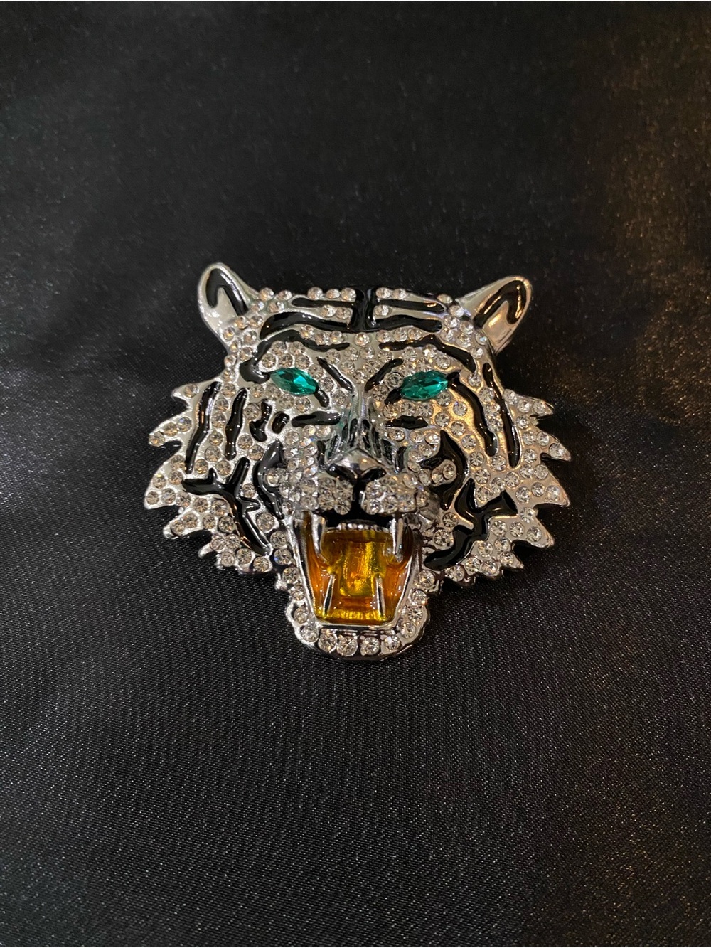 Crystal Tiger Head Brooch with Emerald and Amber Accents